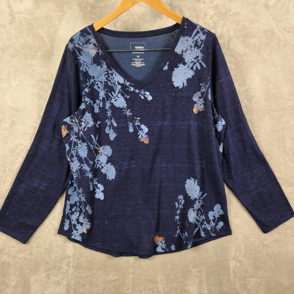 Sonoma The Everyday Tee Navy Floral Long Sleeve Top Size‎ 1X